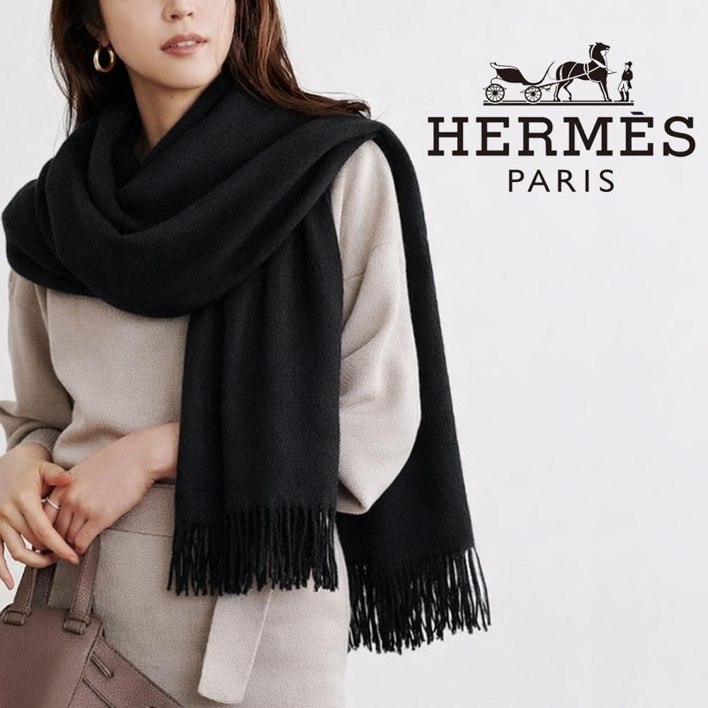 HERMES エルメス カシミヤ100% 大判マフラー ス トール マフラー 黒