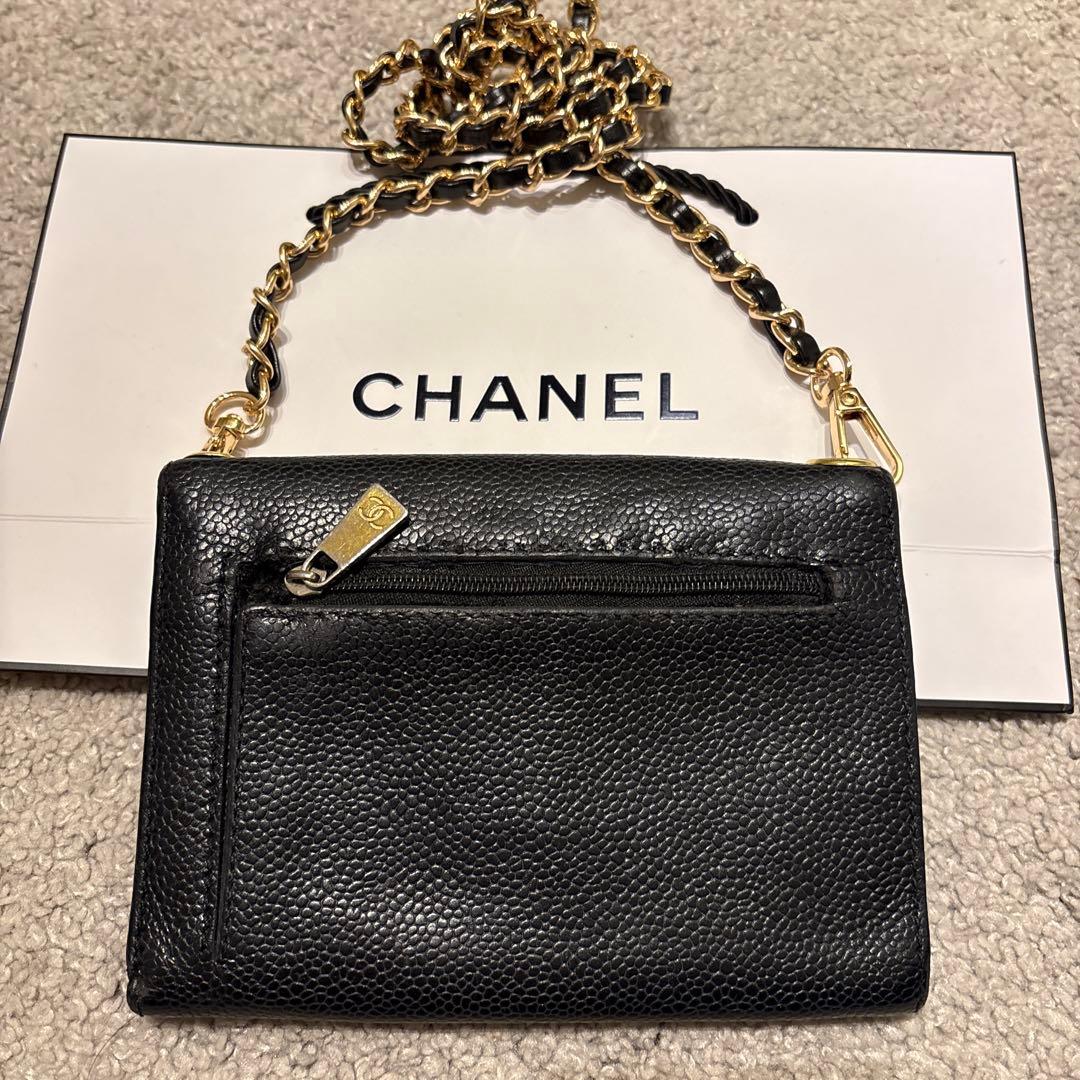 【CHANEL】シャネル　キャビアスキン　三つ折り財布　チェーンウォレット
