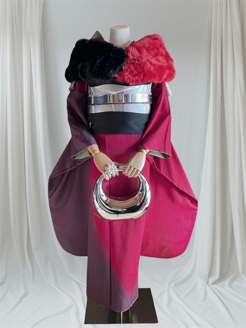 山本寛斎 染め分け ボルドー 振袖 フルセット ファーショール付き