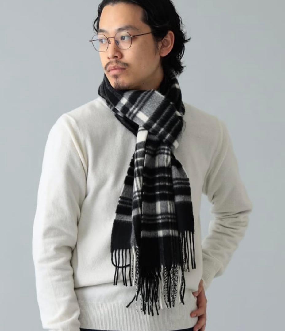 【美品】ジョンストンズ　カシミヤ大判ストール ブラック&ホワイトスチュワート