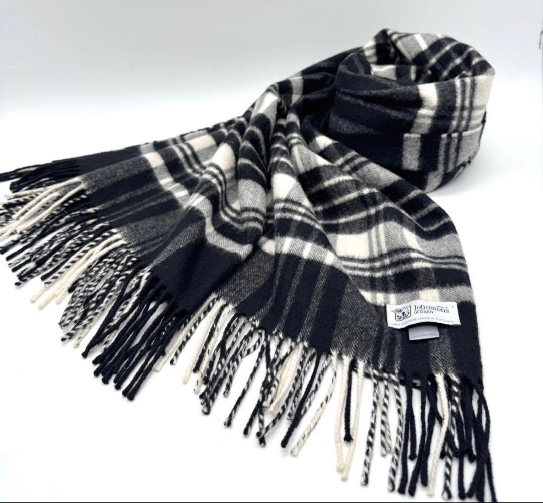 【美品】ジョンストンズ　カシミヤ大判ストール ブラック&ホワイトスチュワート