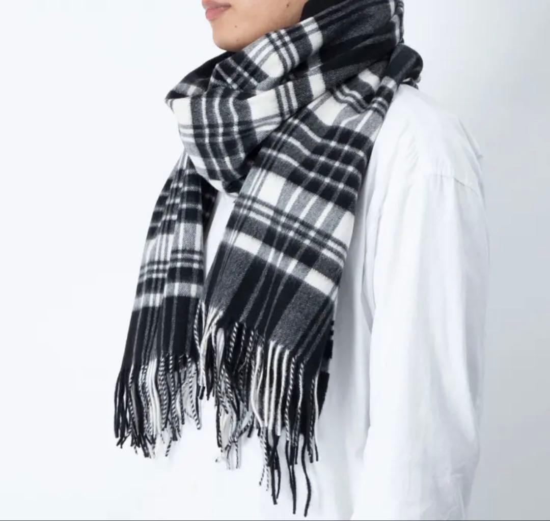 【美品】ジョンストンズ　カシミヤ大判ストール ブラック&ホワイトスチュワート