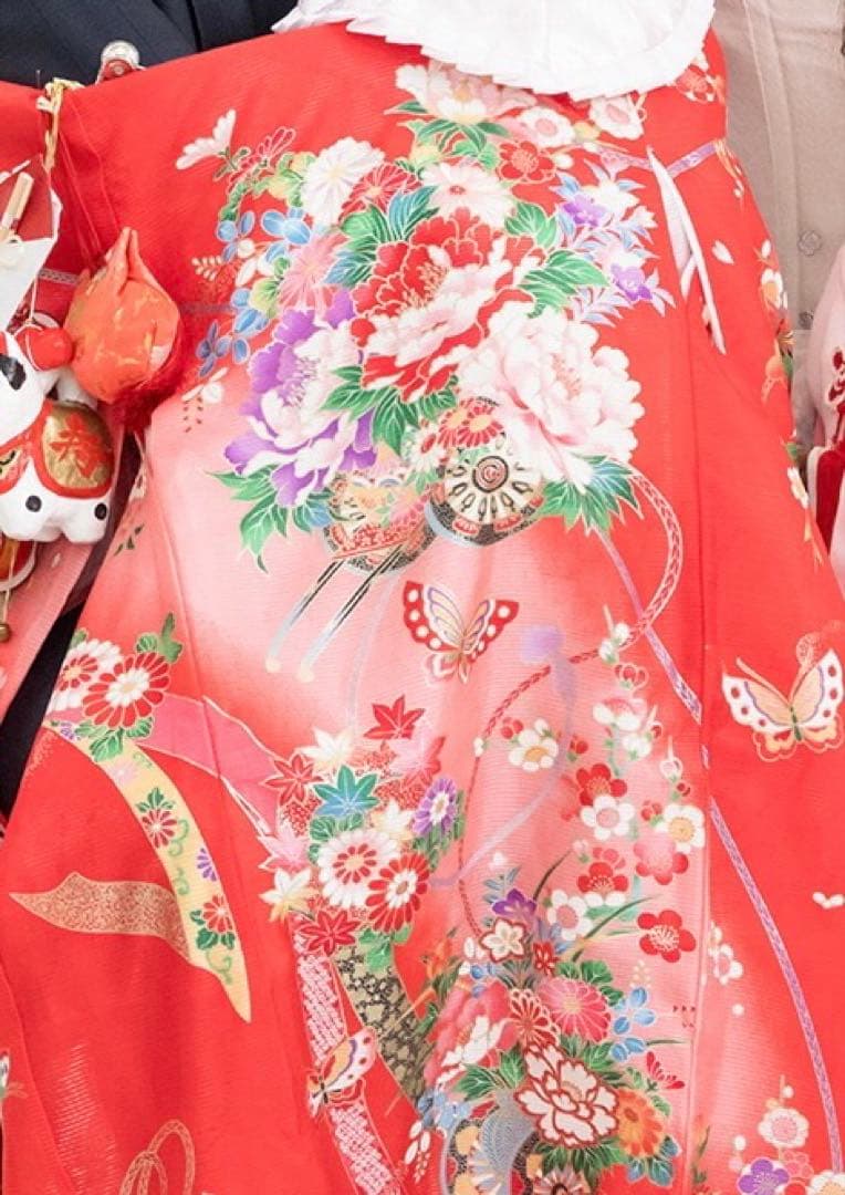 【クリーニング済】お宮参り　夏用産着　金彩　赤 長襦袢付き