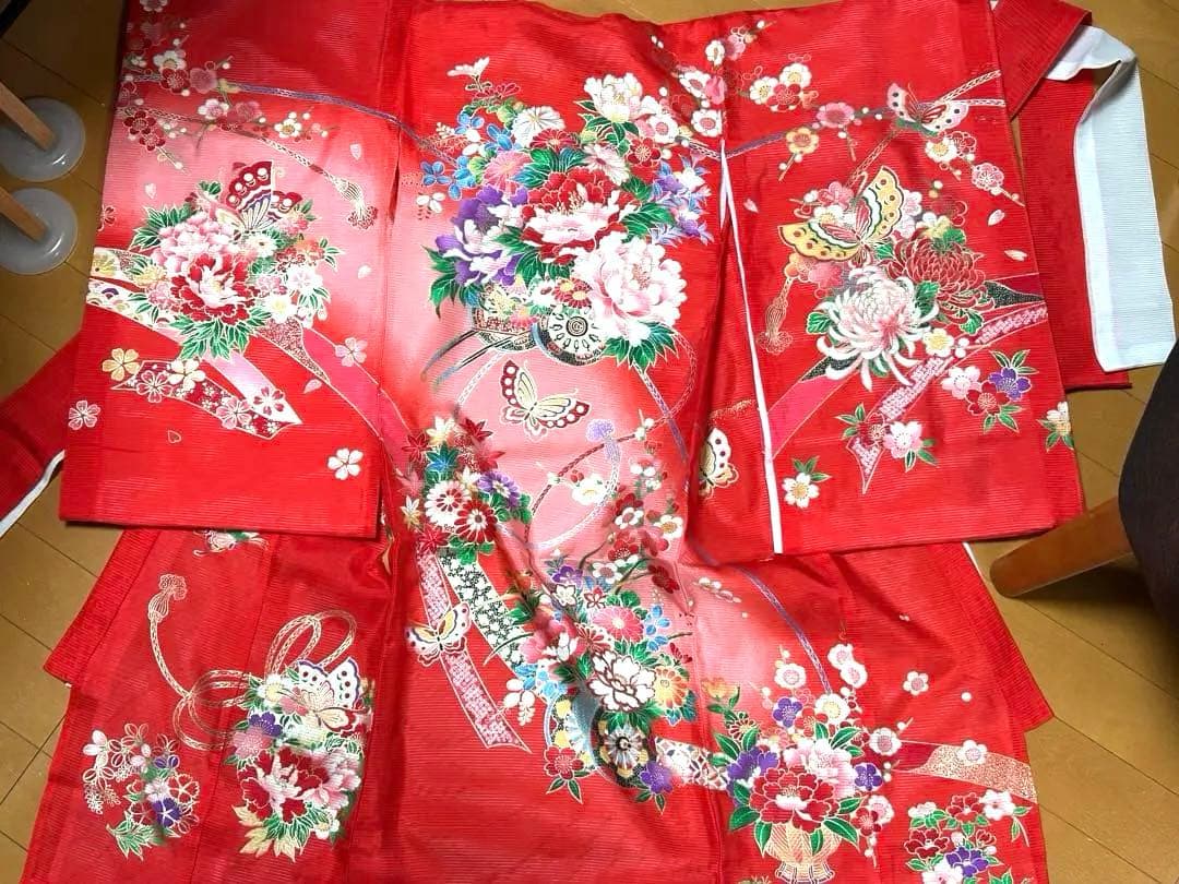 【クリーニング済】お宮参り　夏用産着　金彩　赤 長襦袢付き