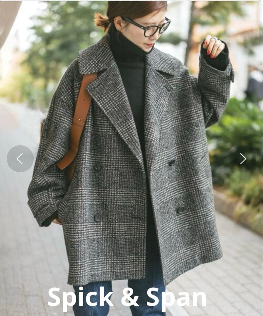 Spick&Span Wスライバーチェックハーフコート ブラック36