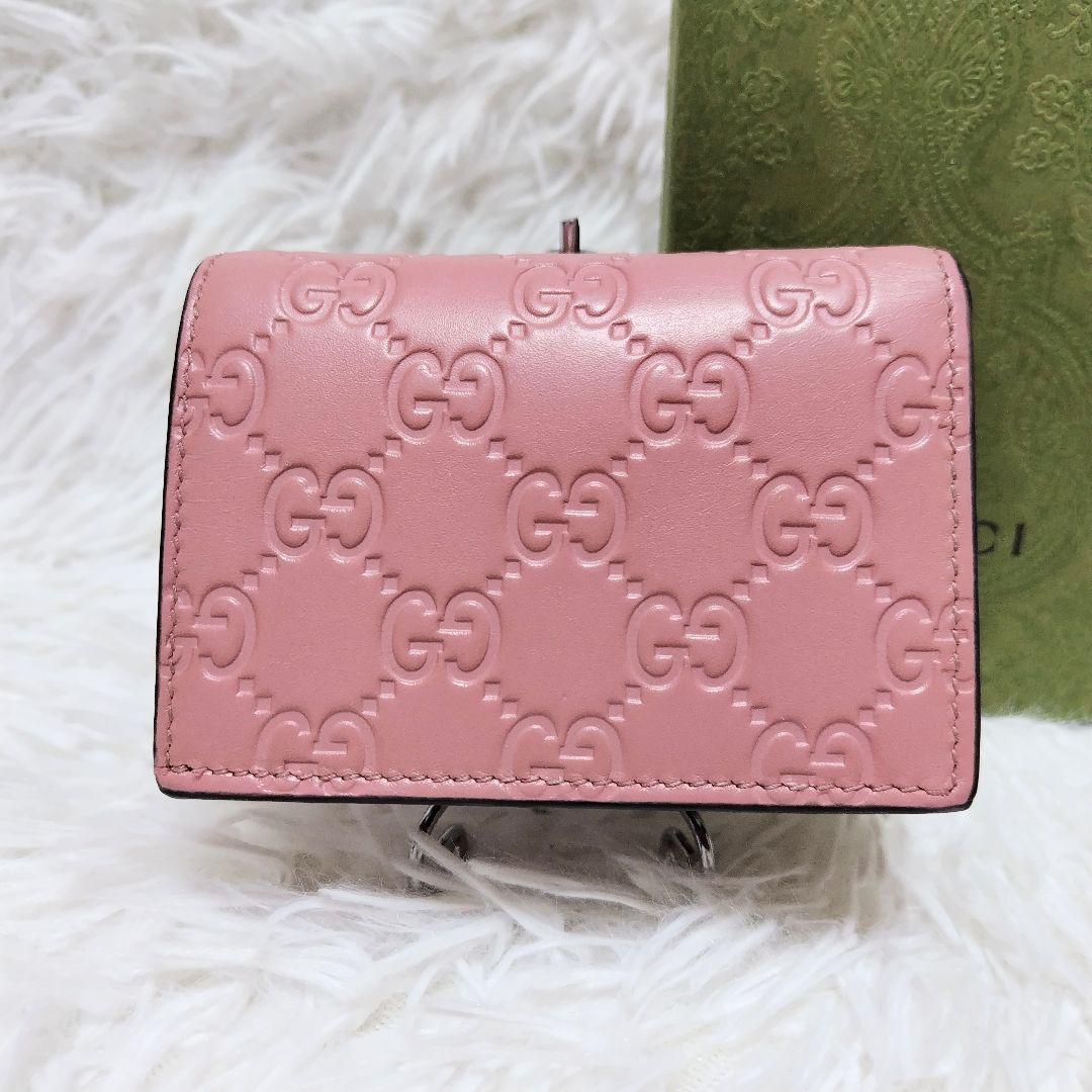 レア美品✨グッチ◇日本限定モデルチェリー二つ折り財布ピンクシマレザーゴールド金具