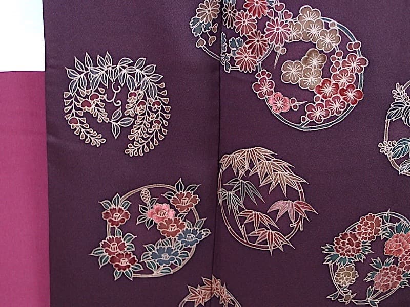 付下げ訪問着（花丸文、刺繍入）裄66 背紋なし 正絹美品