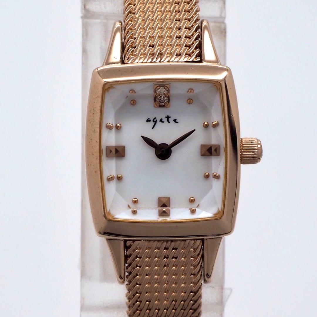 160 稼働 agete 時計 SV925 0.02ct 1Pダイヤ レディース