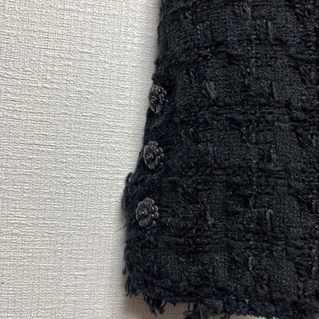カメリアボタン✨ CHANEL シャネル ツイードフリンジジャケット 05C 黒