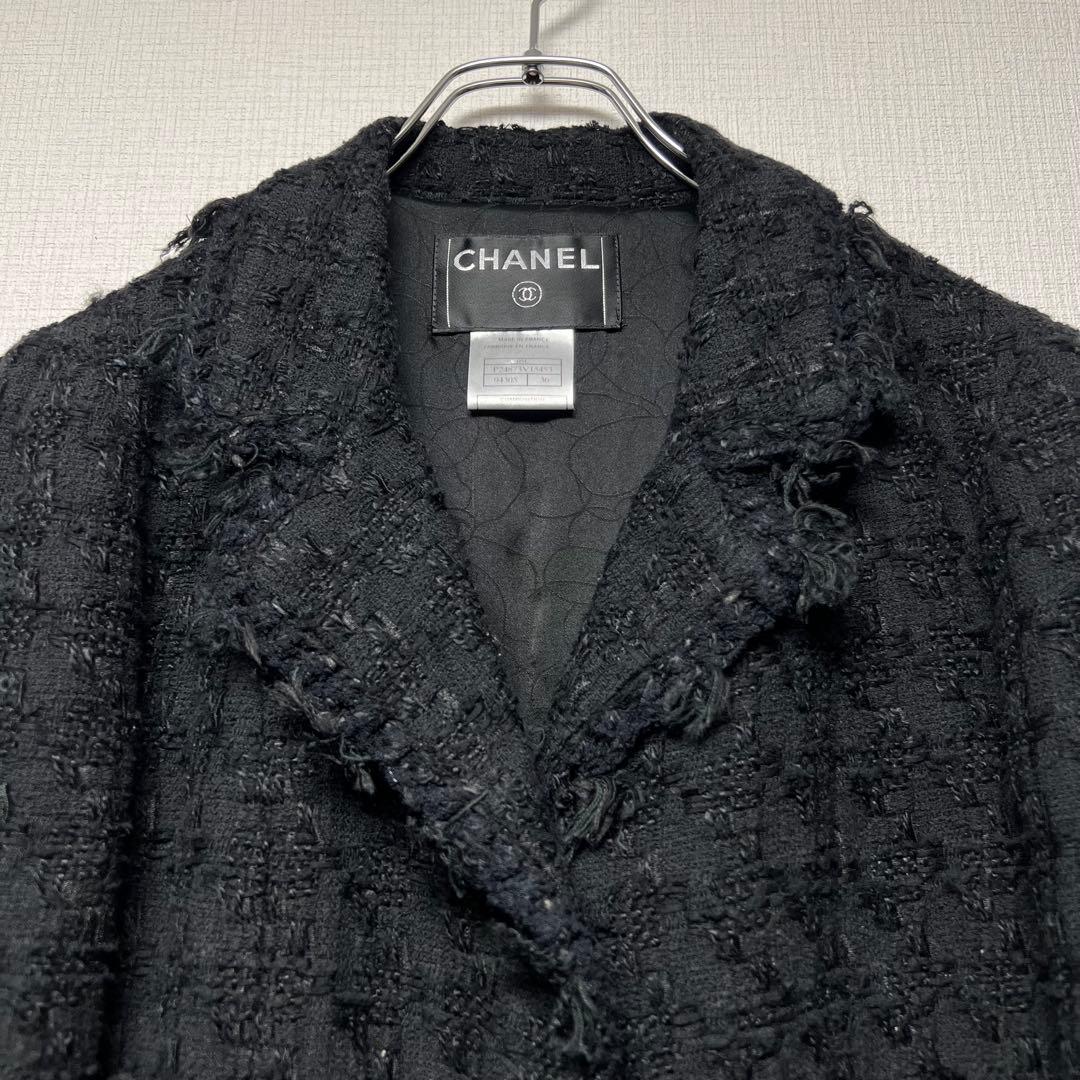カメリアボタン✨ CHANEL シャネル ツイードフリンジジャケット 05C 黒