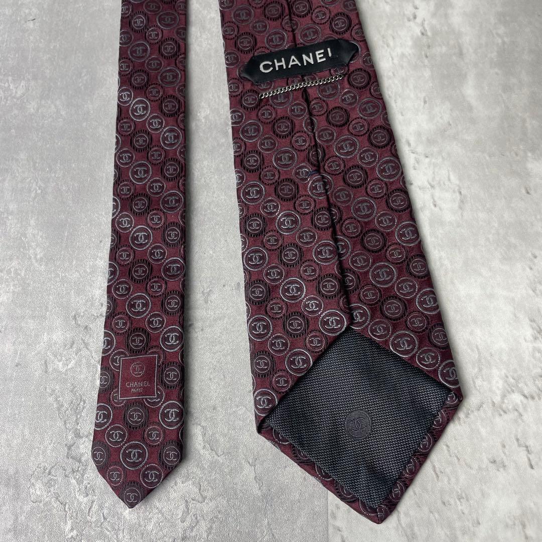 美品 CHANEL シャネル ジャガード ココマーク 総ロゴ ネクタイ ワイン