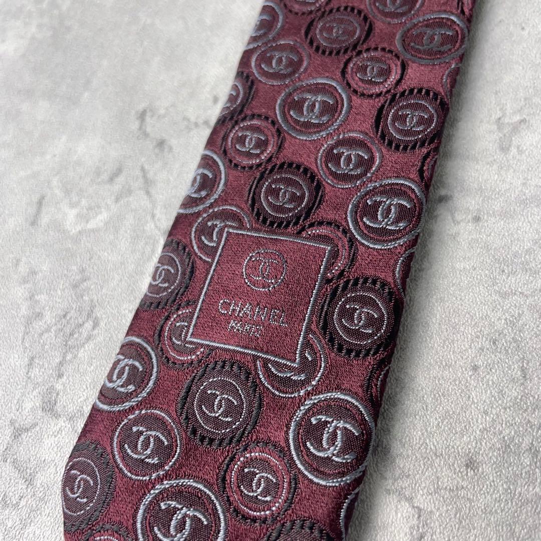 美品 CHANEL シャネル ジャガード ココマーク 総ロゴ ネクタイ ワイン