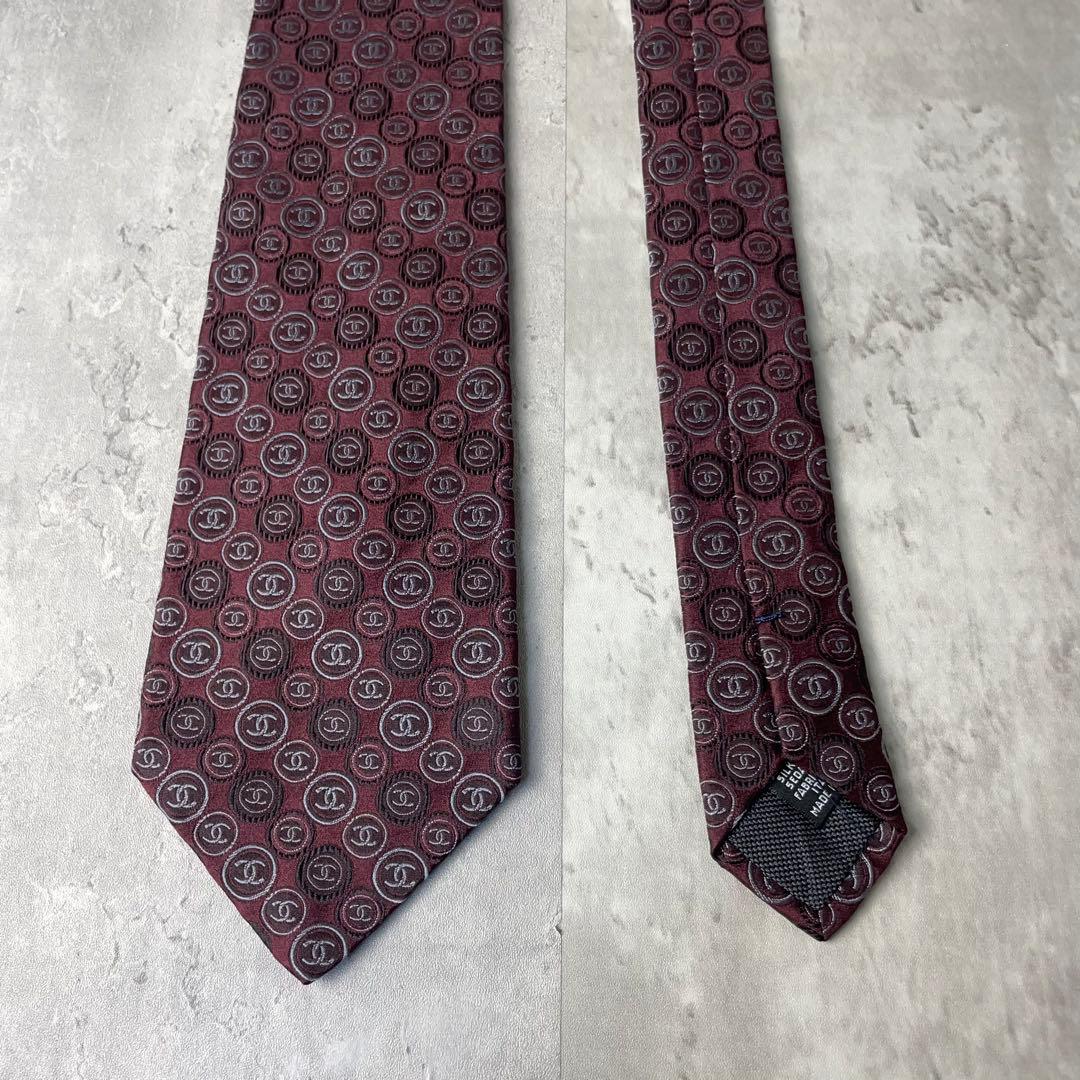 美品 CHANEL シャネル ジャガード ココマーク 総ロゴ ネクタイ ワイン