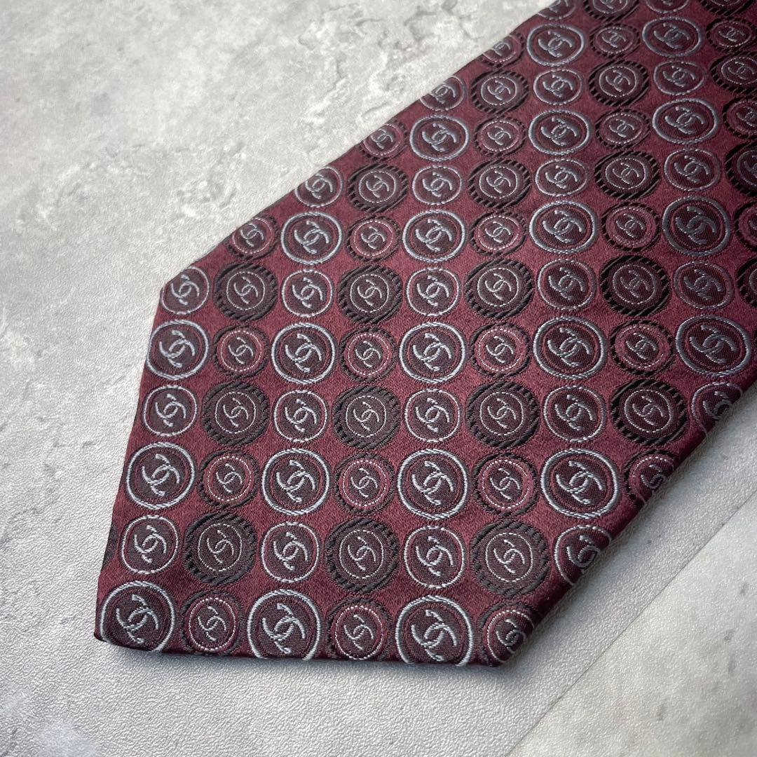 美品 CHANEL シャネル ジャガード ココマーク 総ロゴ ネクタイ ワイン