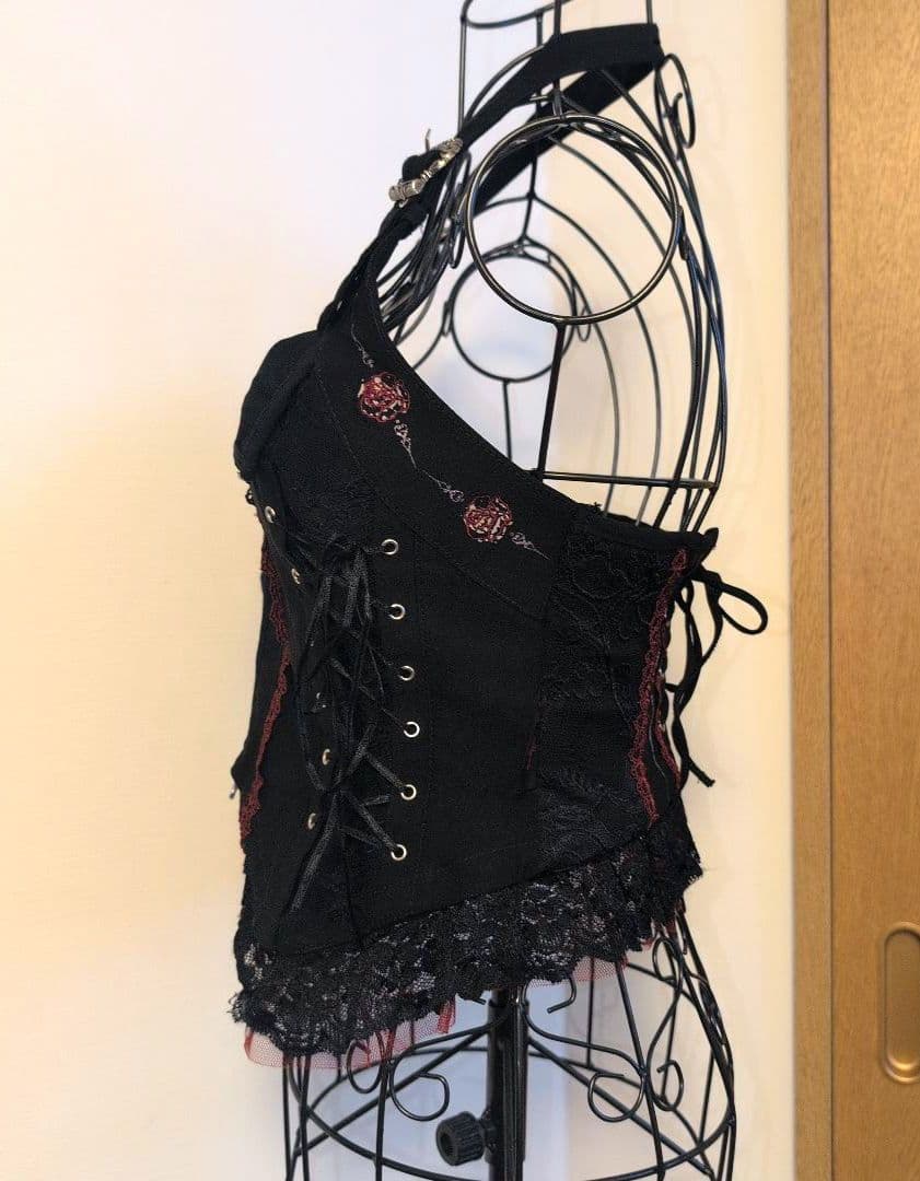 OzzCroce ホルターネックビスチェ 薔薇刺繍 レース装飾付