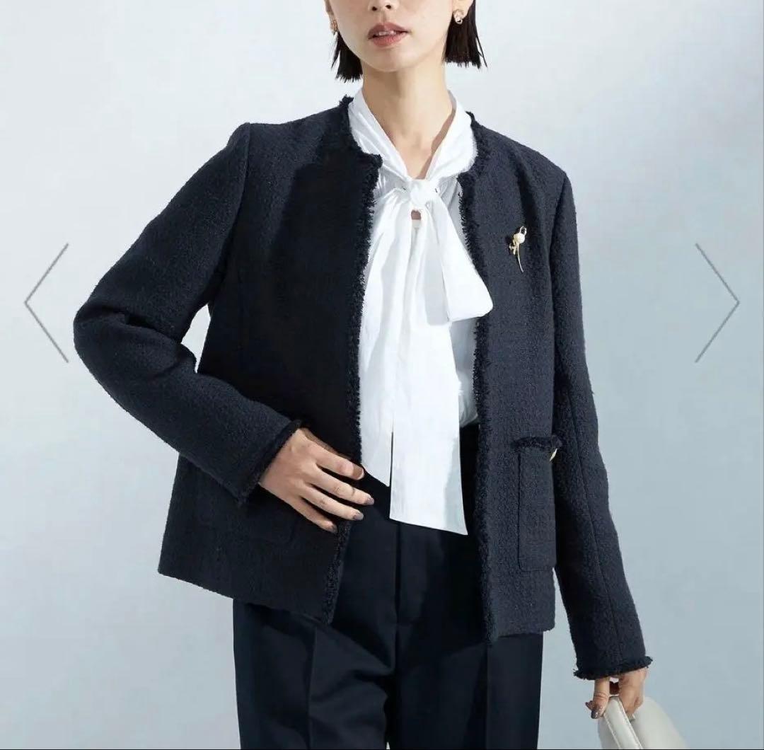 【試着のみ未使用】ツイードライク ノーカラー ジャケット　グリーンレーベル