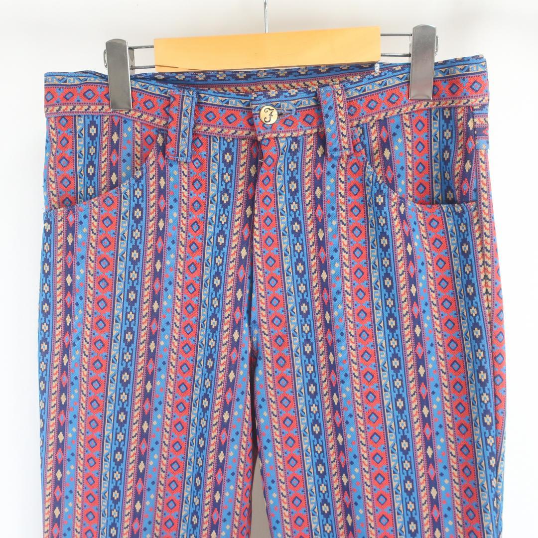 70s VINTAGE ネイティブ 総柄 ストライプ ブーツカットフレア パンツ