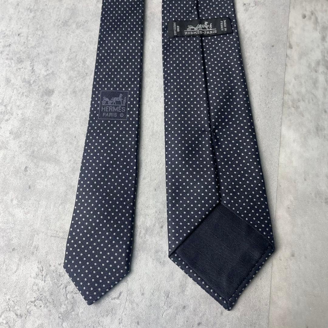 美品 HERMES エルメス ヘリンボーン ドット柄 ネクタイ ブラック 黒