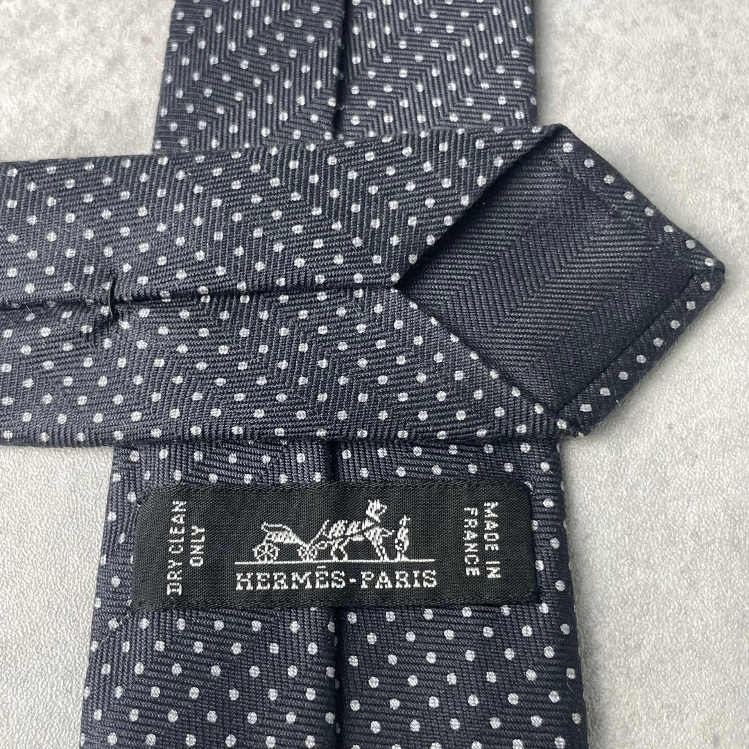 美品 HERMES エルメス ヘリンボーン ドット柄 ネクタイ ブラック 黒