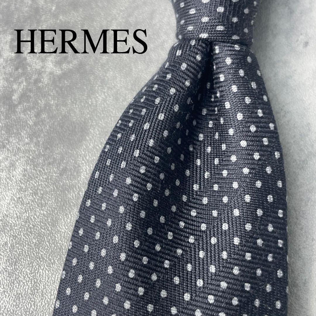 美品 HERMES エルメス ヘリンボーン ドット柄 ネクタイ ブラック 黒