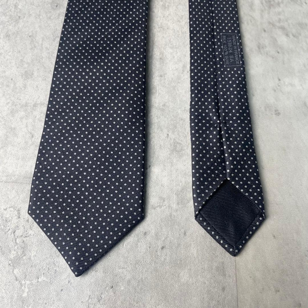 美品 HERMES エルメス ヘリンボーン ドット柄 ネクタイ ブラック 黒