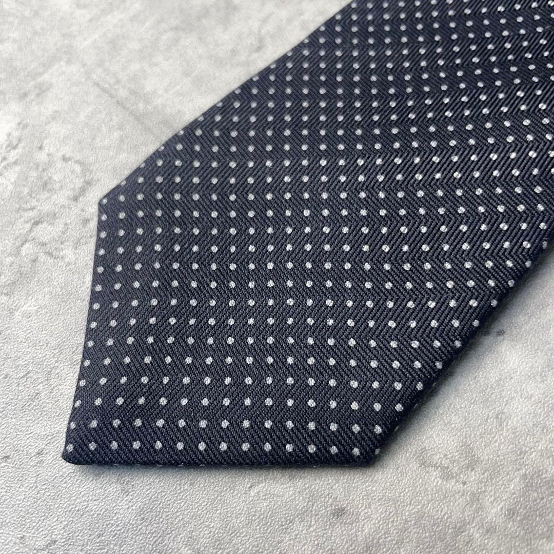 美品 HERMES エルメス ヘリンボーン ドット柄 ネクタイ ブラック 黒