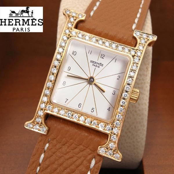 天然ダイヤ鑑別書つき　エルメス　Hウォッチ　ダイヤベゼル　レディース腕時計