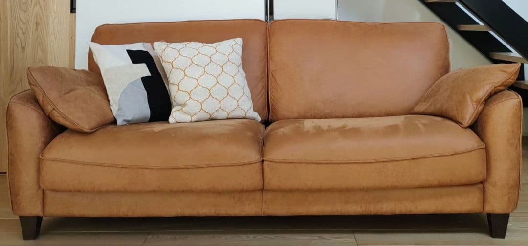 【値下げ】関家具 レザーテックス ブラウン 3人掛けソファ 幅202cm