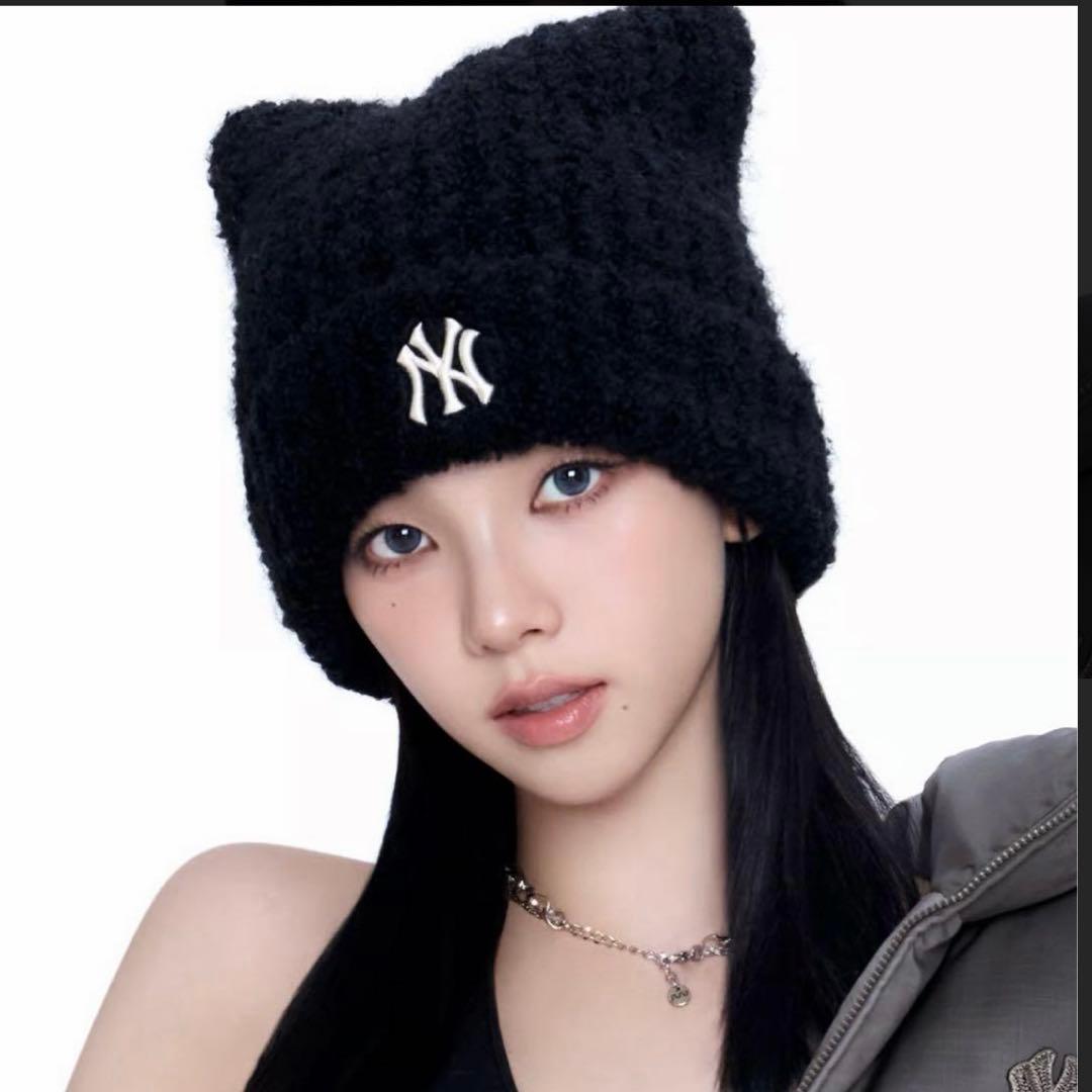 MLB ニット帽　エスパ　着用 韓国 カリナ　猫耳　ビーニー　韓国限定　韓国