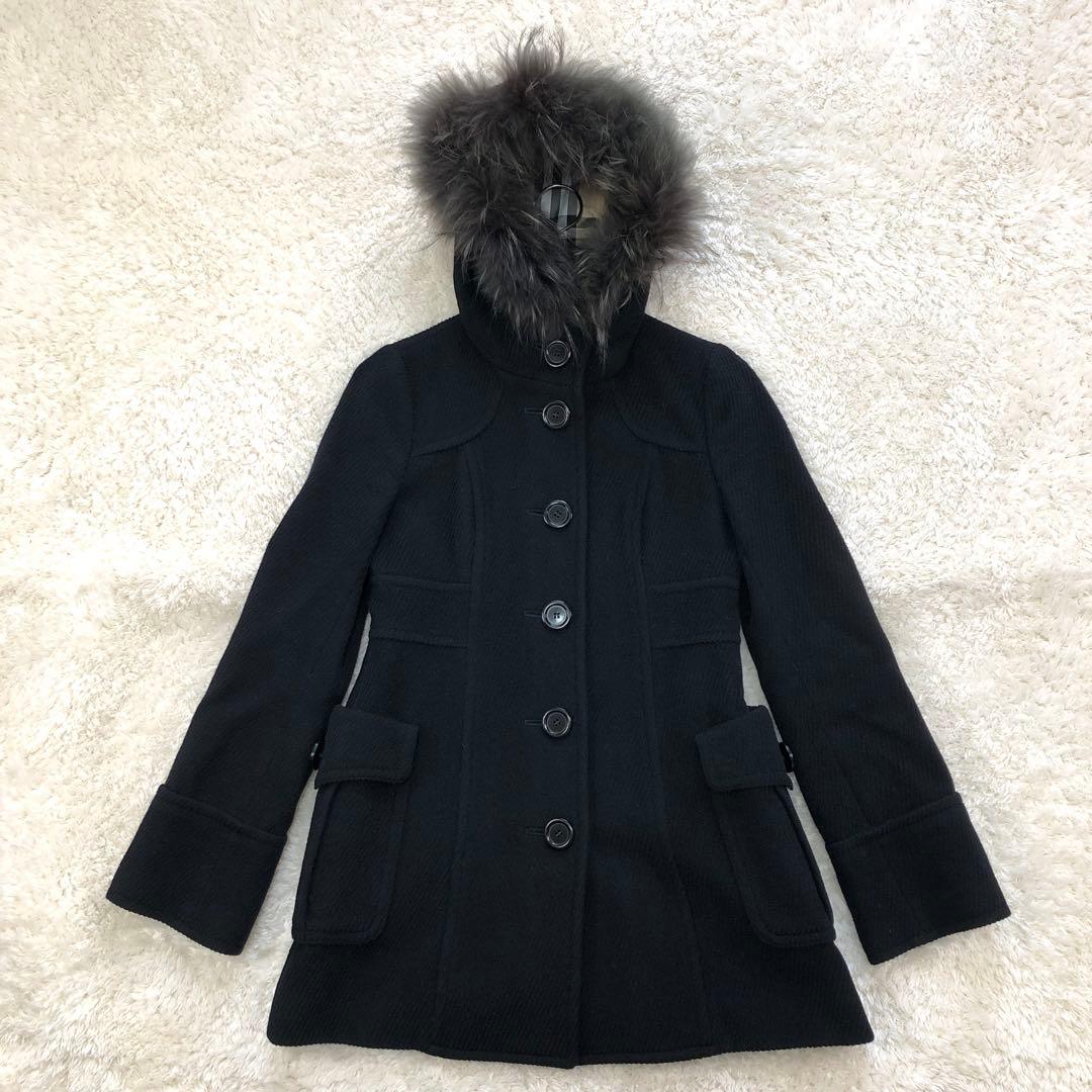 BURBERRY フード ウールコート アンゴラ混 ノバチェック 36 ブラック