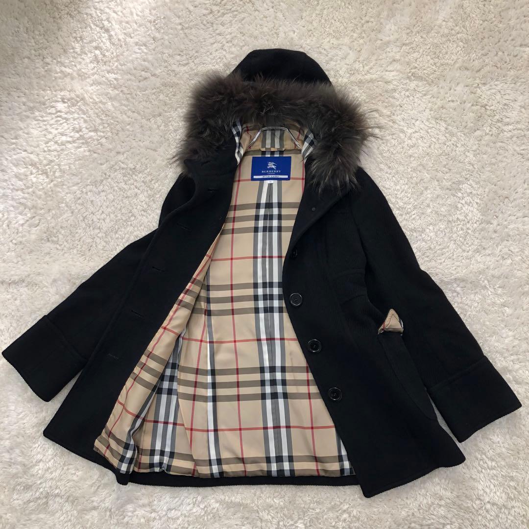 BURBERRY フード ウールコート アンゴラ混 ノバチェック 36 ブラック