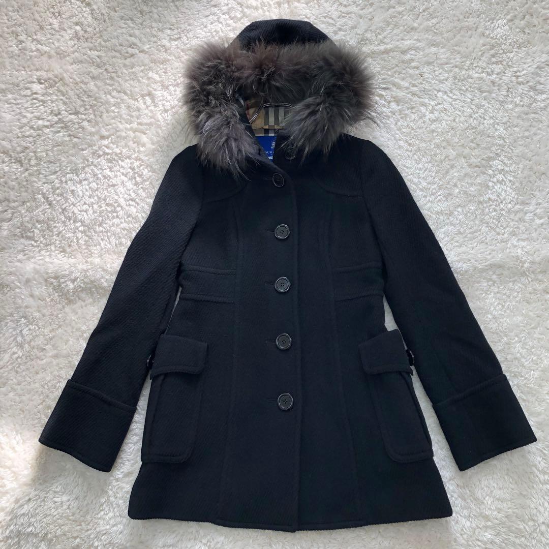 BURBERRY フード ウールコート アンゴラ混 ノバチェック 36 ブラック