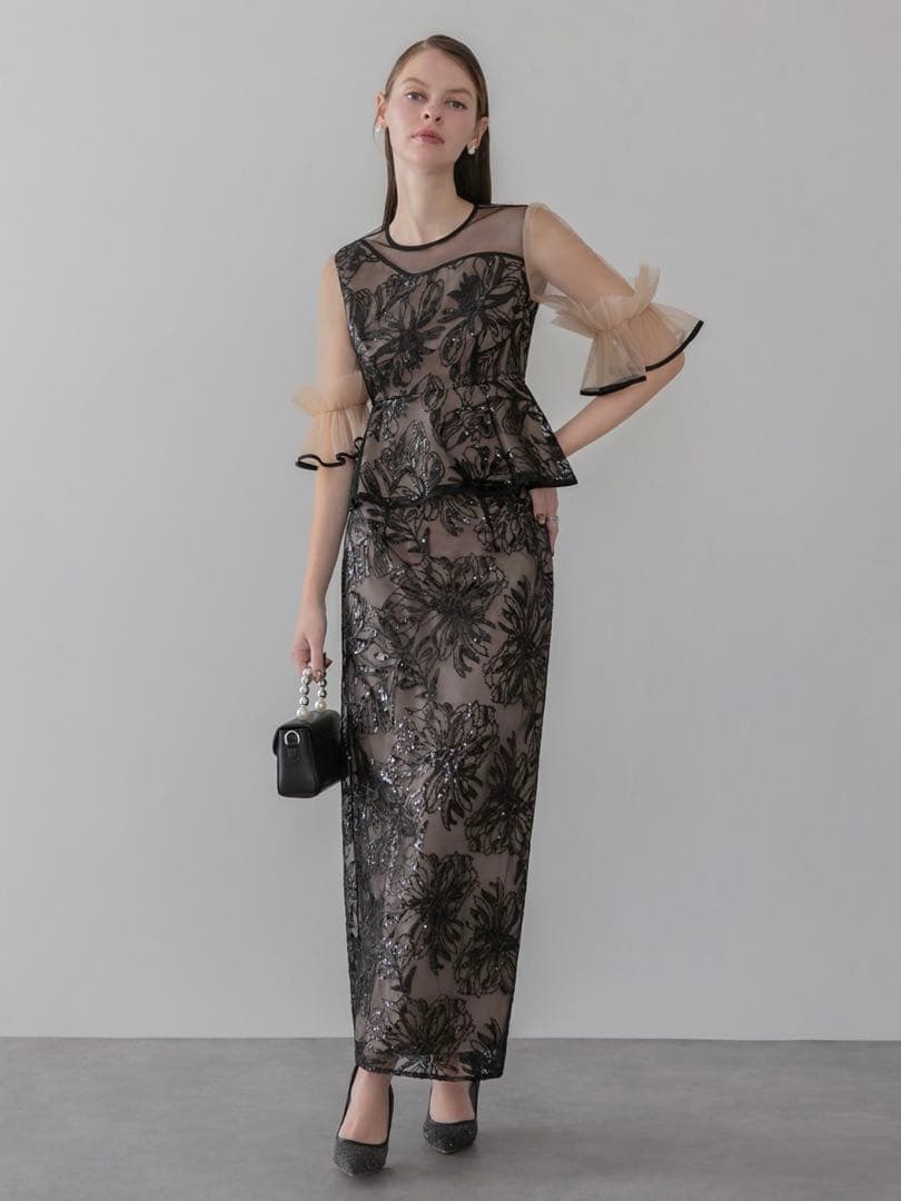 アシンメトリーシアーフラワースパンコールフリルチュール セットアップドレス結婚式