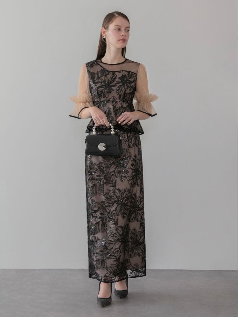 アシンメトリーシアーフラワースパンコールフリルチュール セットアップドレス結婚式