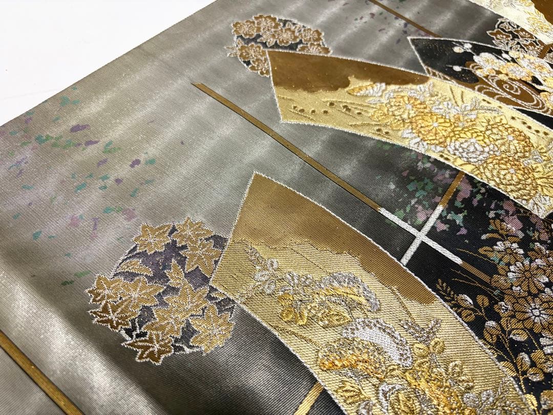 A 扇散し文 花々 金銀糸 引箔 黒地 正絹 六通 袋帯 フォーマル O112
