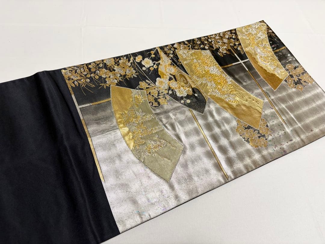 A 扇散し文 花々 金銀糸 引箔 黒地 正絹 六通 袋帯 フォーマル O112