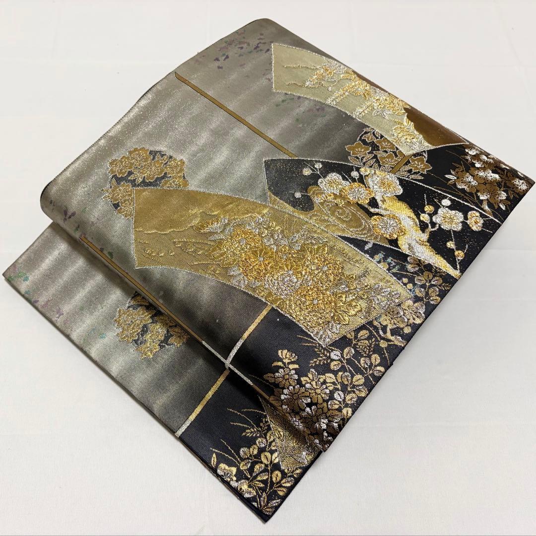 A 扇散し文 花々 金銀糸 引箔 黒地 正絹 六通 袋帯 フォーマル O112
