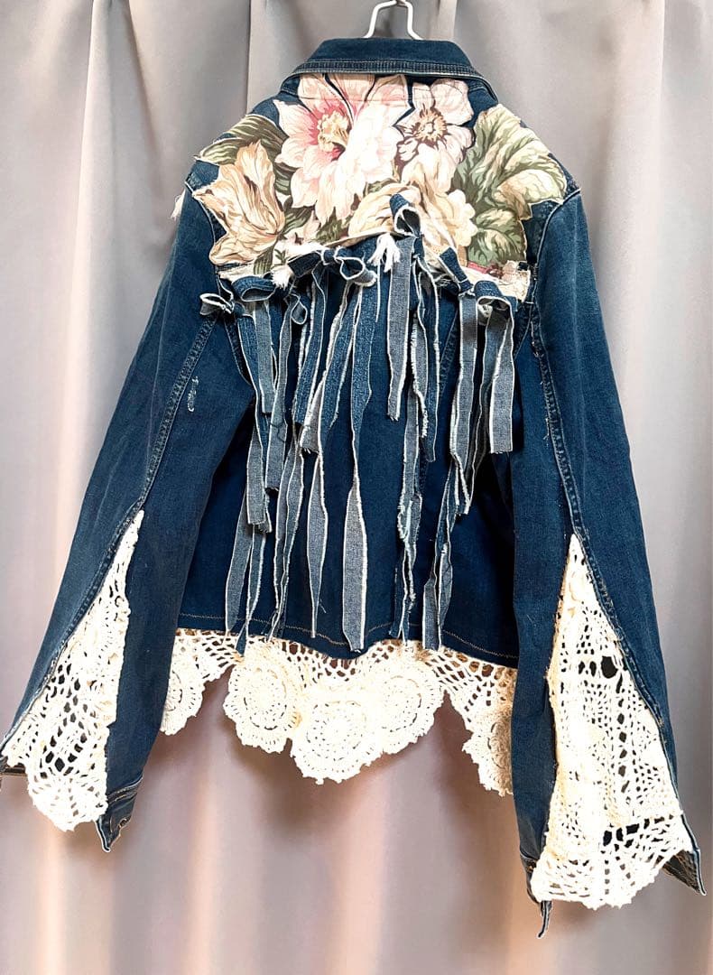 異素材変形立体リボンパッチワークリメイクデニムジャケット クロシェ 個性的y2k