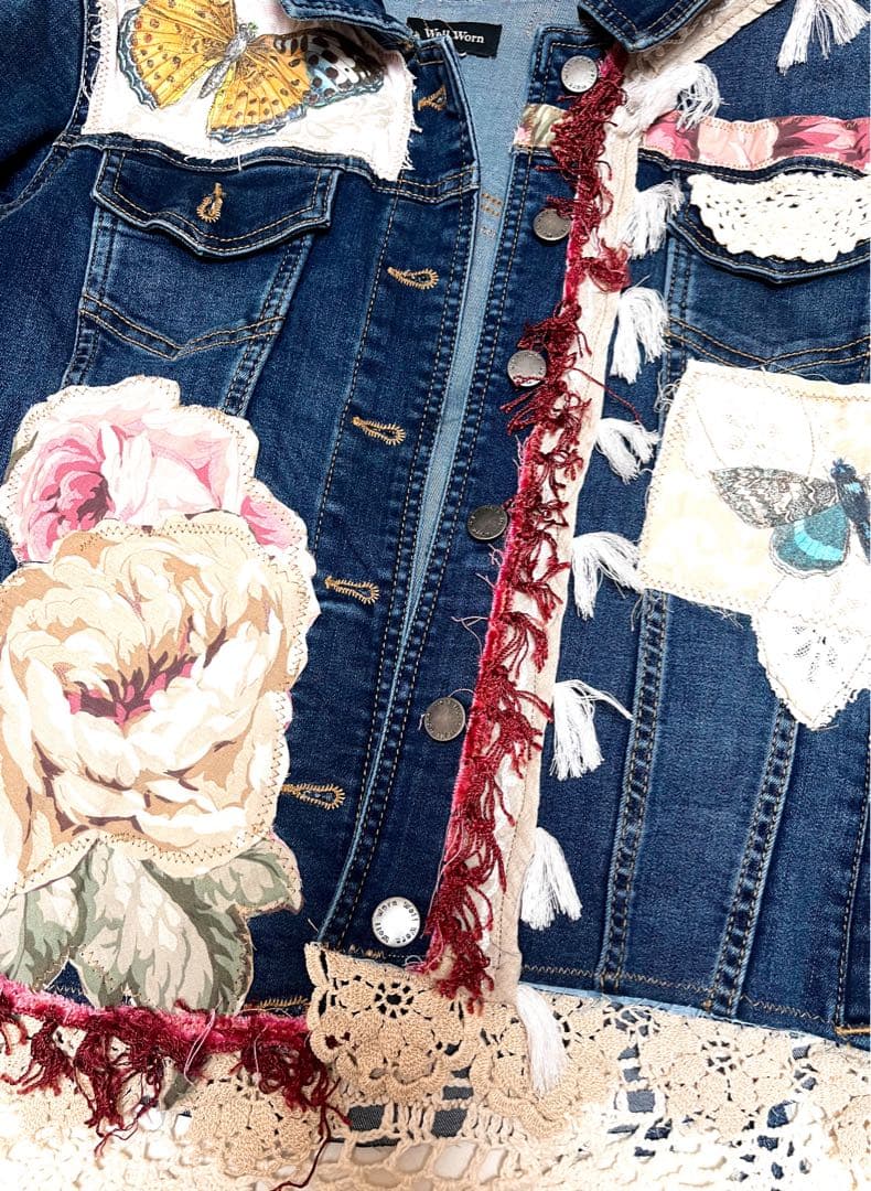 異素材変形立体リボンパッチワークリメイクデニムジャケット クロシェ 個性的y2k