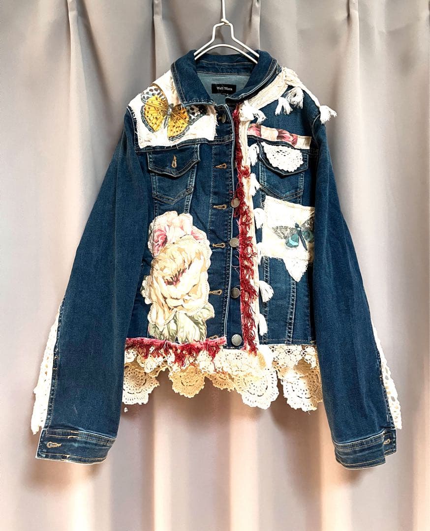 異素材変形立体リボンパッチワークリメイクデニムジャケット クロシェ 個性的y2k