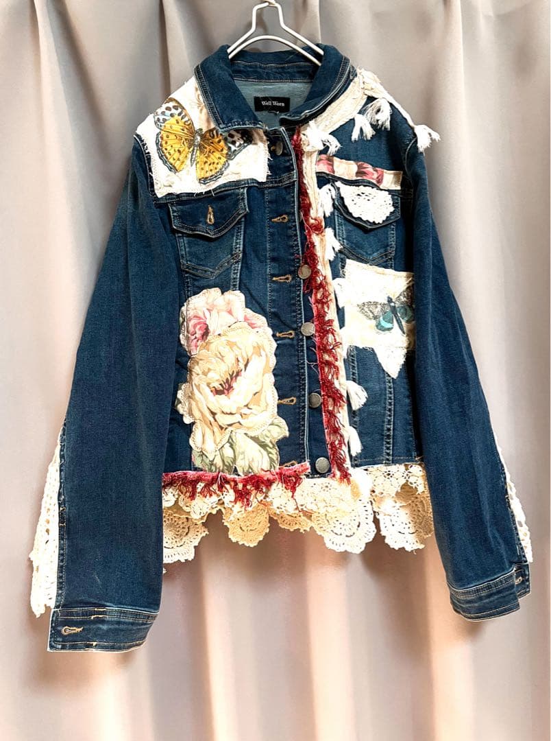 異素材変形立体リボンパッチワークリメイクデニムジャケット クロシェ 個性的y2k