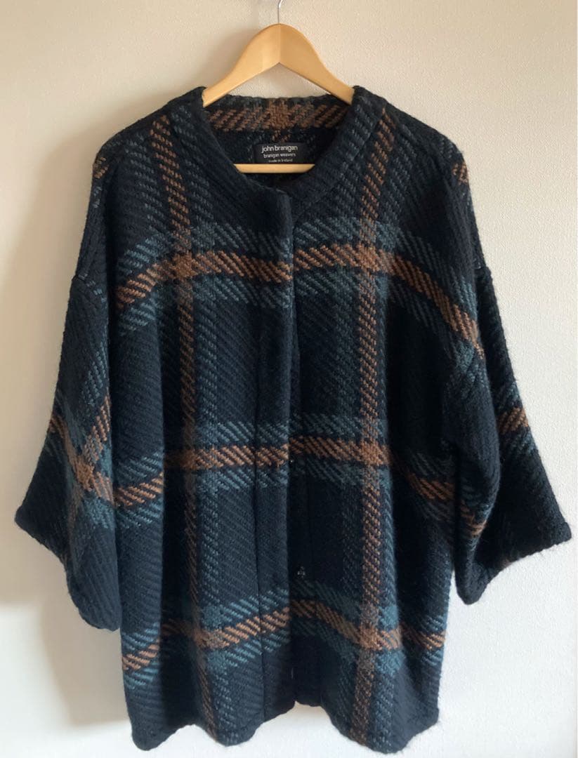 ジョンブラニガン✴︎チェックニットコート✴︎フリー　カーキ