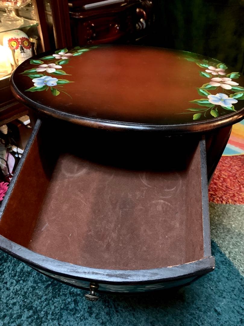 アンティークトールペイントチェスト猫脚花柄ペイント ロココ調サイドテーブル