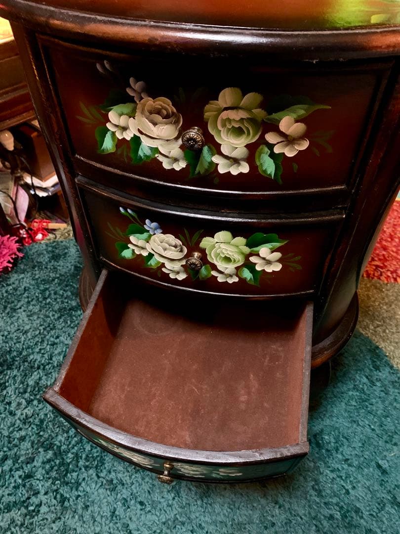 アンティークトールペイントチェスト猫脚花柄ペイント ロココ調サイドテーブル