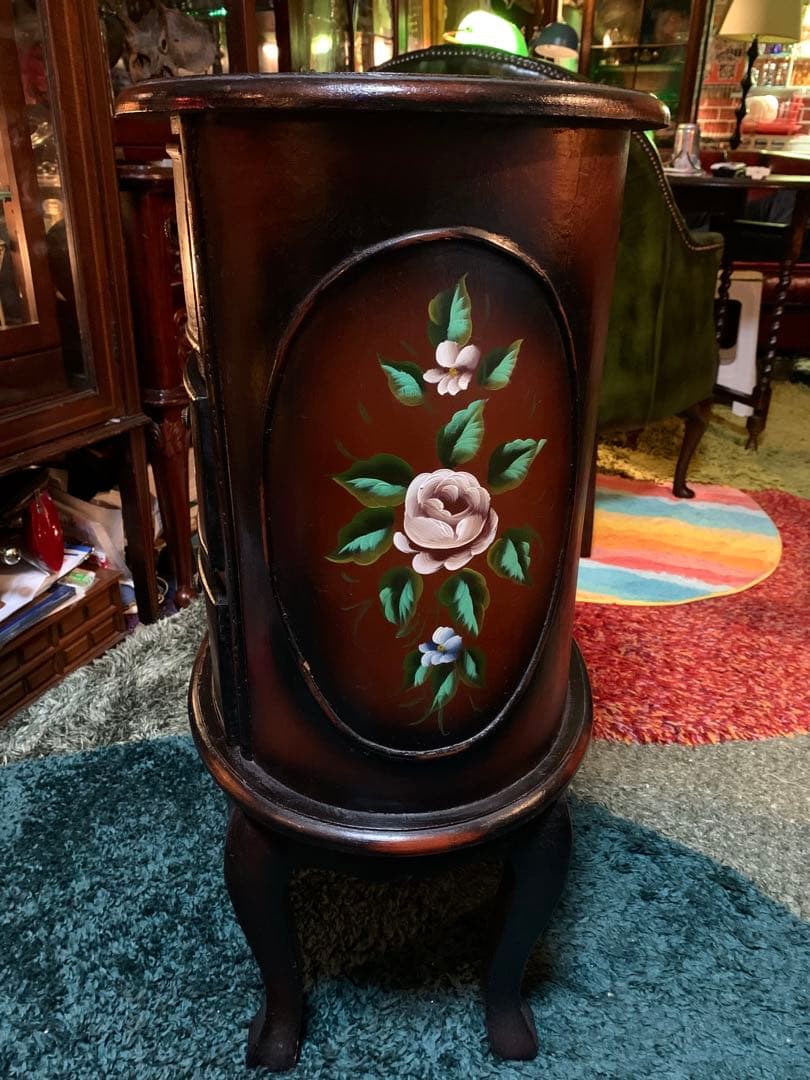 アンティークトールペイントチェスト猫脚花柄ペイント ロココ調サイドテーブル