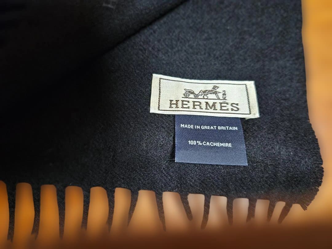HERMES 黒 メンズカシミヤマフラー