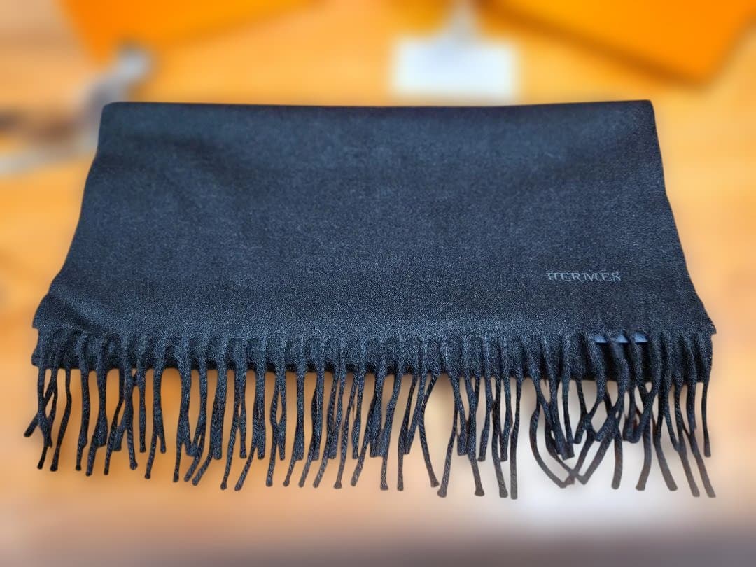 HERMES 黒 メンズカシミヤマフラー