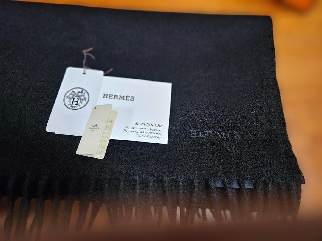 HERMES 黒 メンズカシミヤマフラー