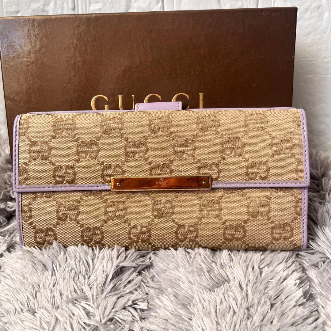 GUCCI✨GGキャンバス ライトパープル　長財布　ロゴプレート　Wホック