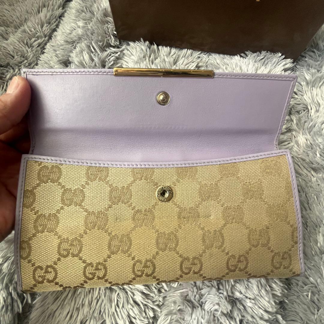 GUCCI✨GGキャンバス ライトパープル　長財布　ロゴプレート　Wホック